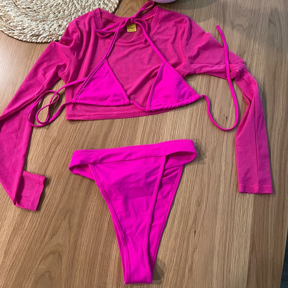 Hot Pink Bikini Set with Long Sleeve Top Coverup SMALL